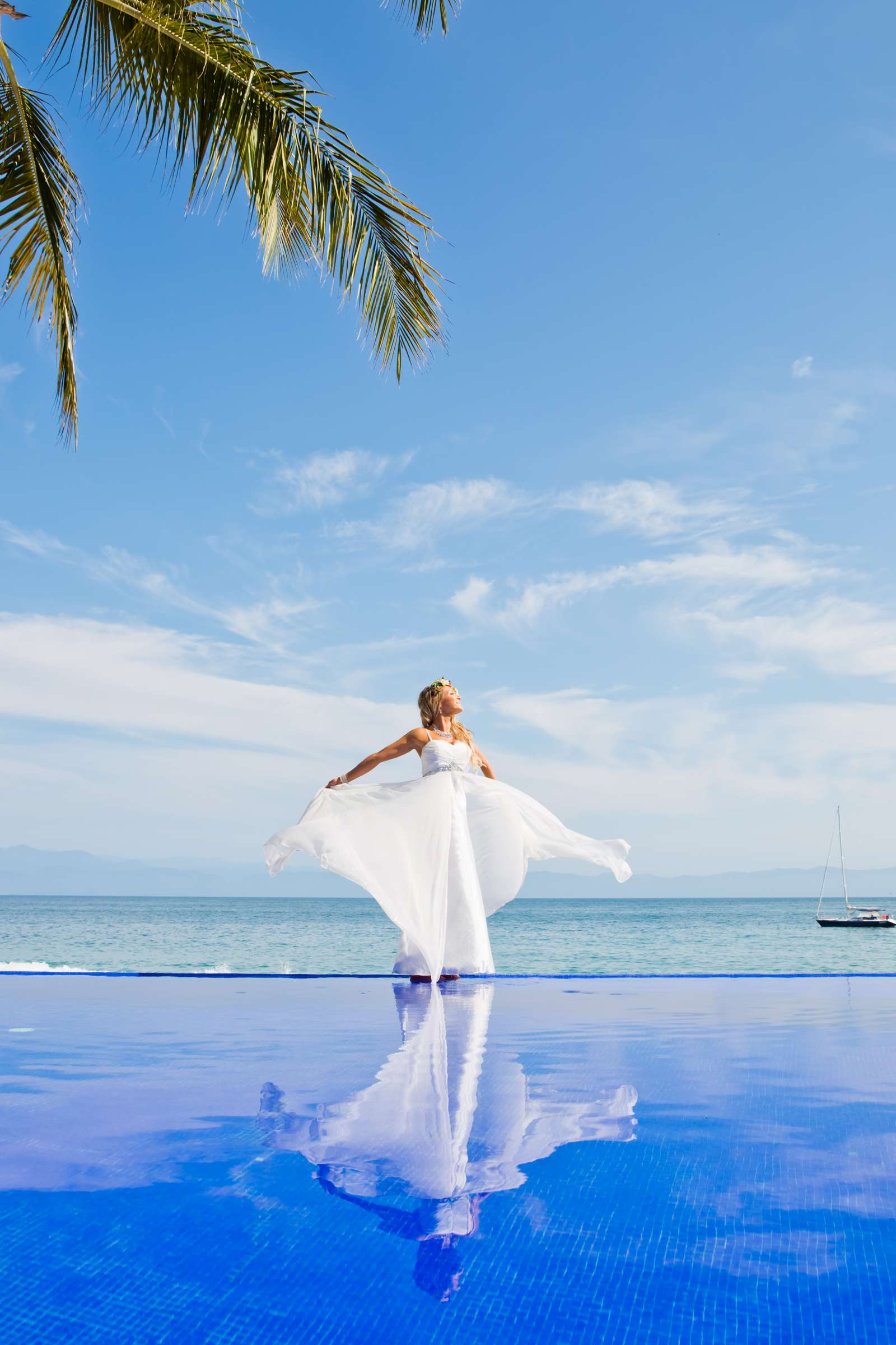 Bride, Fashion, Beach, Blue colors, Reflection, Photographers Favorite, Artsy moment at Exclusive Resorts Punta Mita Wedding, Natalie and Dustin Wedding Photo #1 by True Photography
