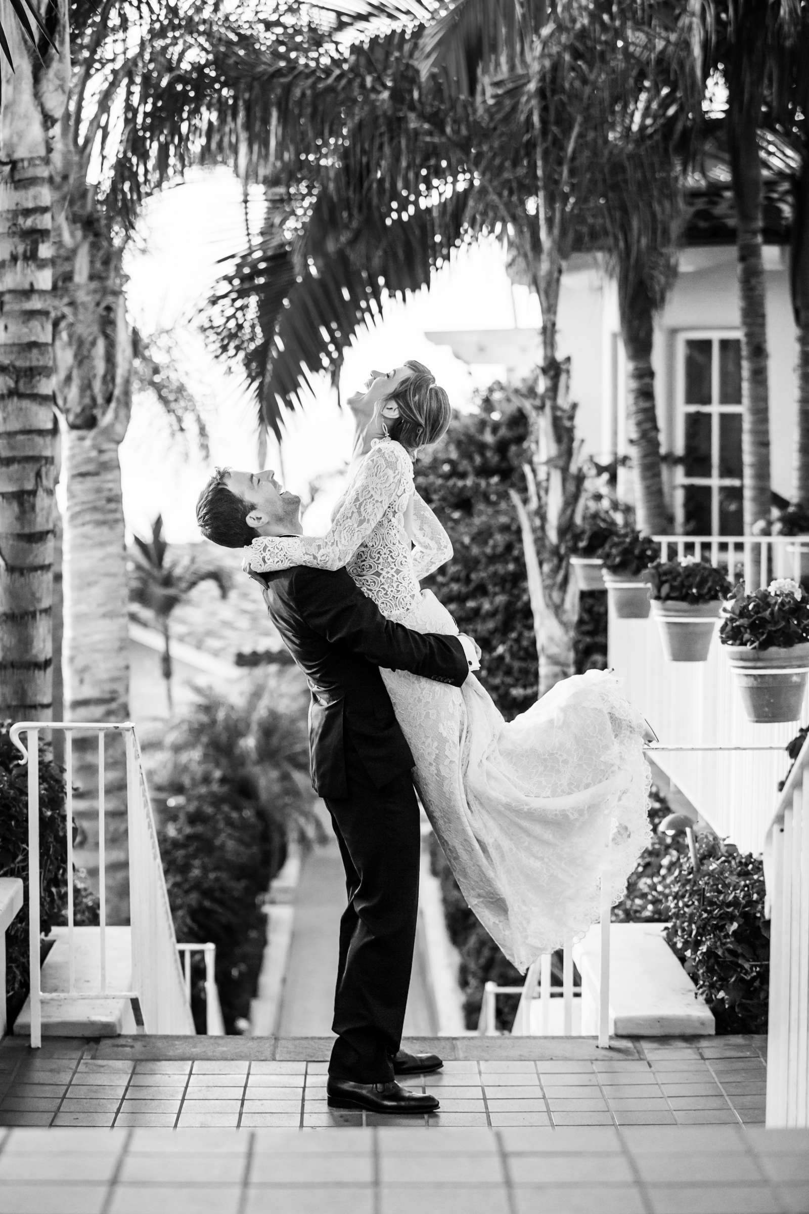 Black and White photo, Bride and Groom at La Valencia Wedding coordinated by The Best Wedding For You, Rebecca and John Wedding Photo #1 by True Photography
