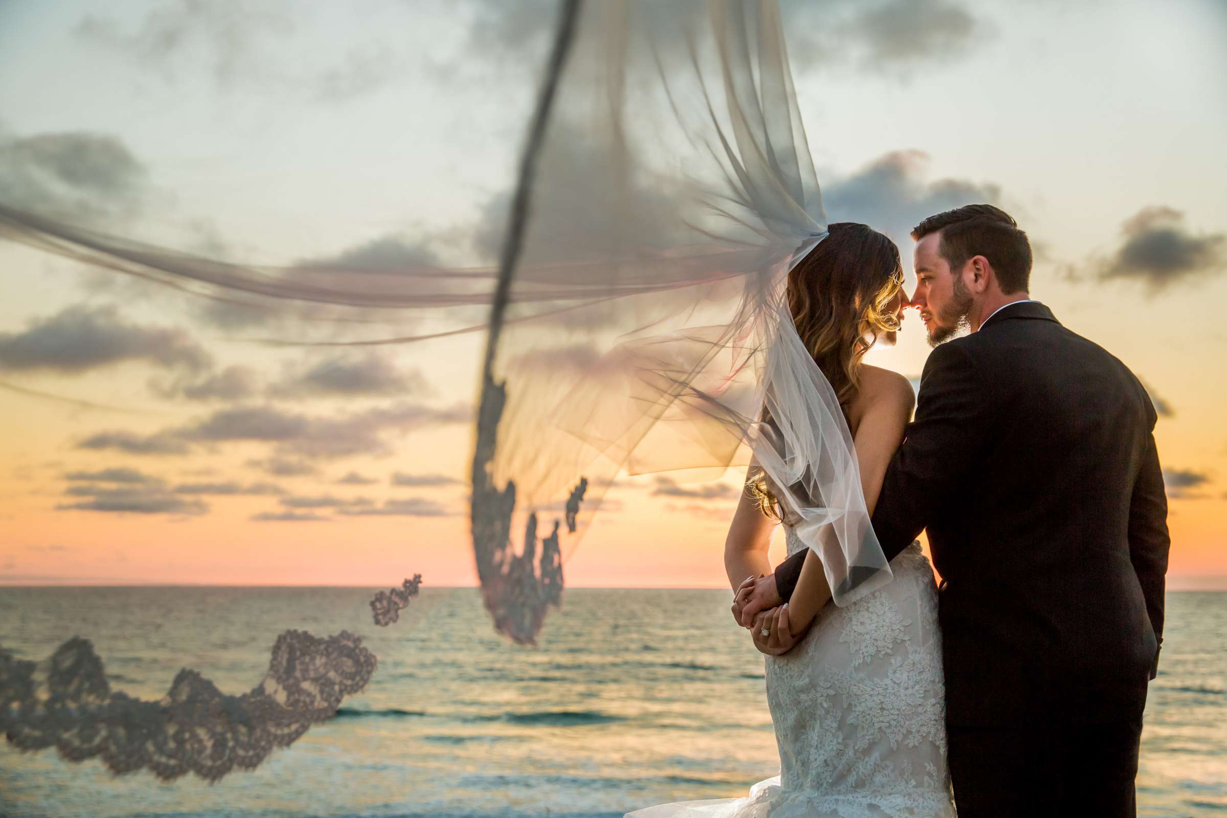 Sunset, Romantic moment, Stylized Portrait at Scripps Seaside Forum Wedding coordinated by Lavish Weddings, Christie and Nate Wedding Photo #222065 by True Photography