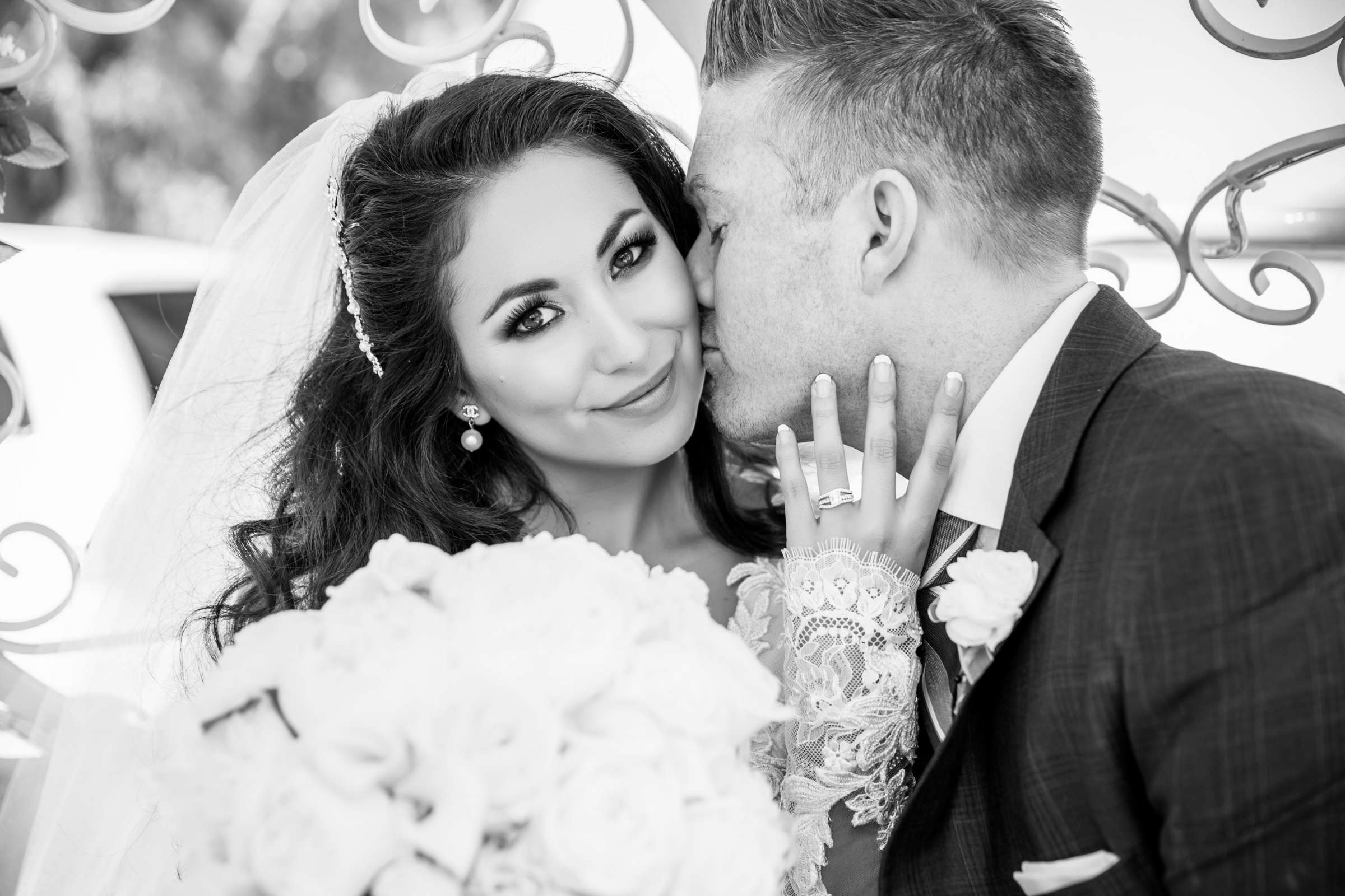 Bride and Groom, Black and White photo at Santiago Canyon Estate Wedding coordinated by Dot the I's Events and Weddings, Christina and Matty Wedding Photo #2 by True Photography