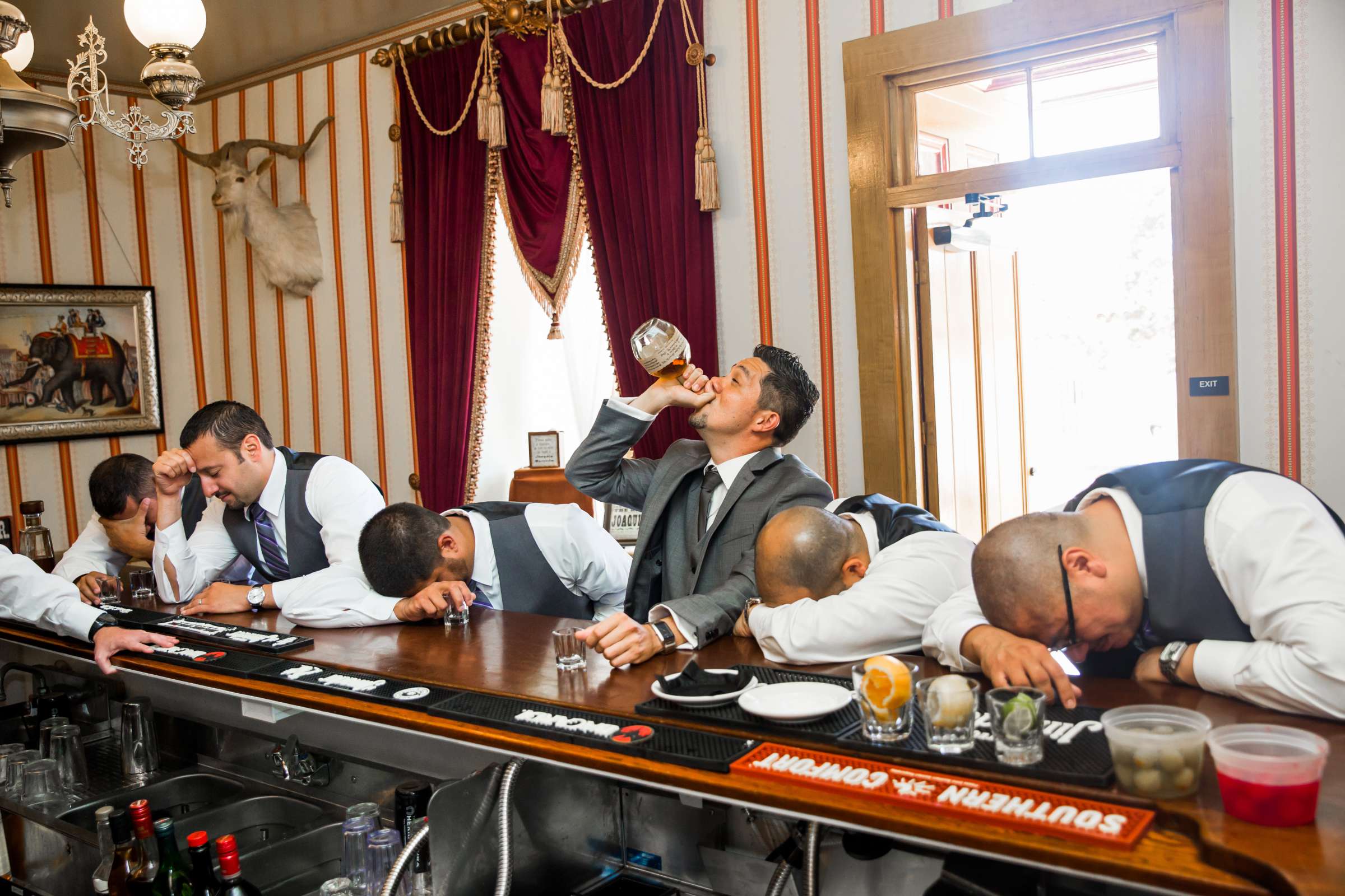 Groomsmen, Funny moment at Cosmopolitan Hotel & Restaurant Wedding coordinated by Breezy Day Weddings, Graciela-Grace- and Felipe Wedding Photo #237908 by True Photography
